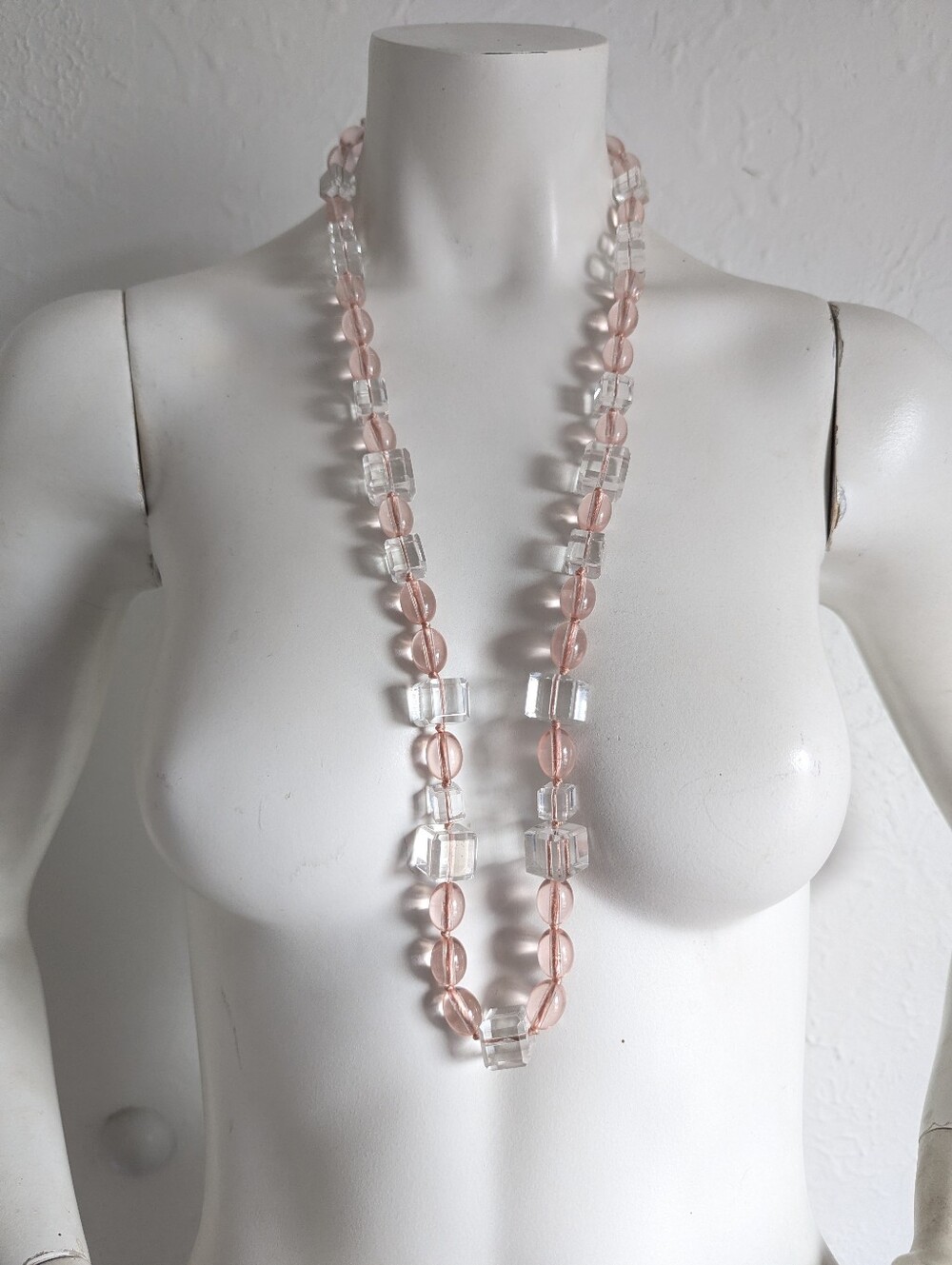 Vintage Talbots Pink Lucite Glass Cube Opera Length Long Art Deco Candy Necklace